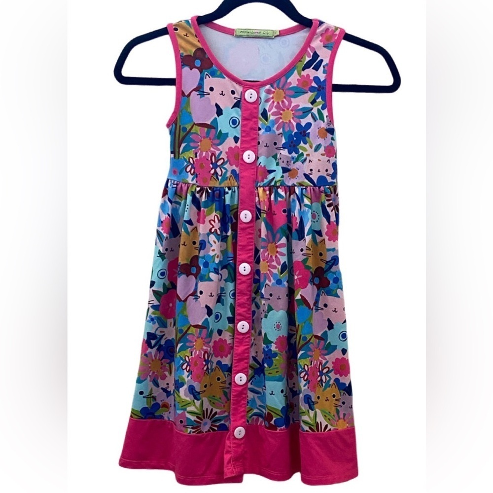 Millie Loves Lily Floral Pink Kids Dress. Sleeveless. Size 8. Cat Print.